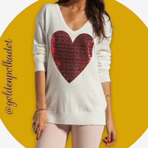 WILDFOX Holiday Red Heart Sequins White Label V Neck sweater Size L - Picture 4 of 8